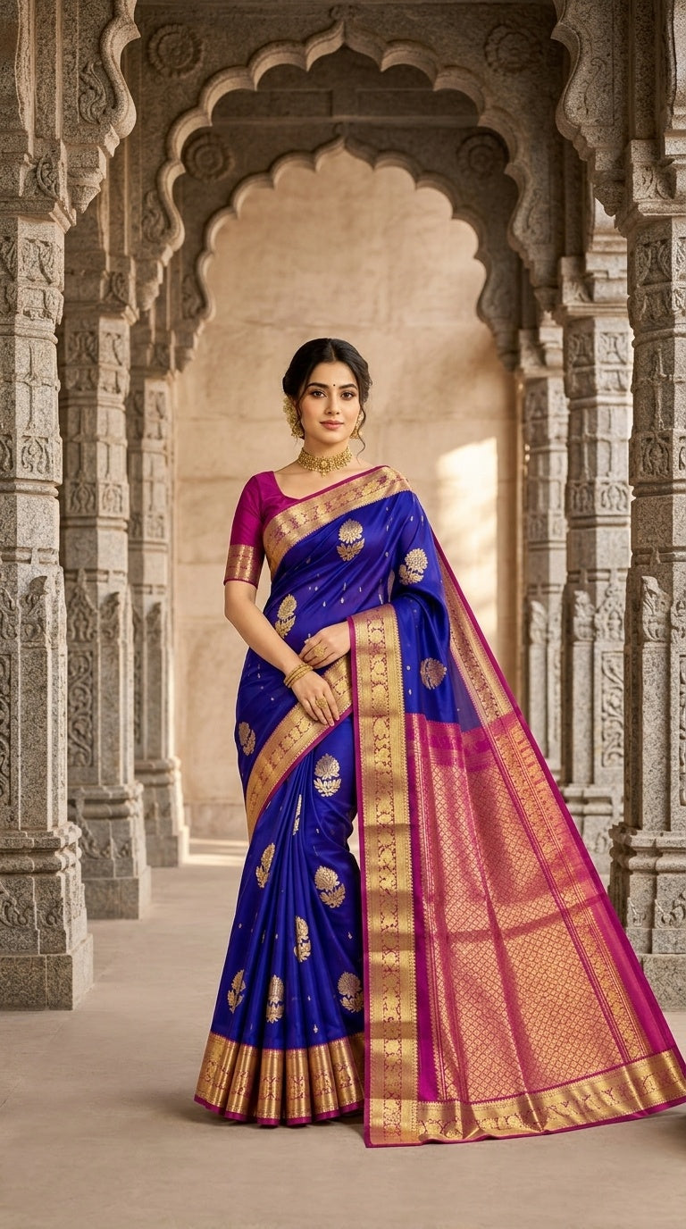 OWLSKY, SASSY & STYLO Royal Blue Pure Silk Kanjivaram Handloom Saree with Gold Zari Buttas & Magenta Contrast Pallu | Traditional Kanchipuram Silk Saree for Women
