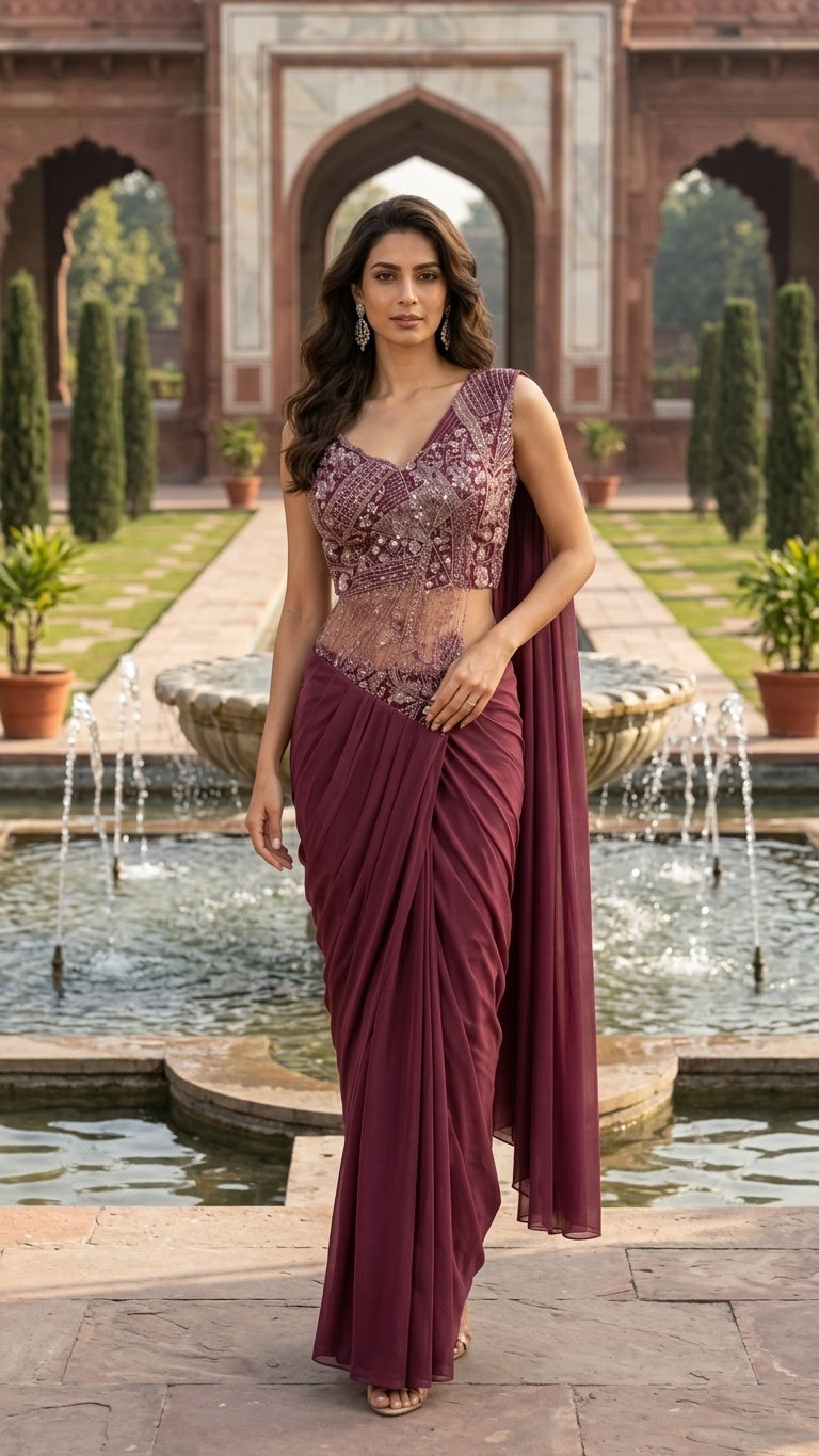 OWLSKY, SASSY & STYLO Women's Ready to Wear Imported Lycra Saree with Heavy Beads Work Blouse | Designer Pre Stitched Saree with Embellished Blouse