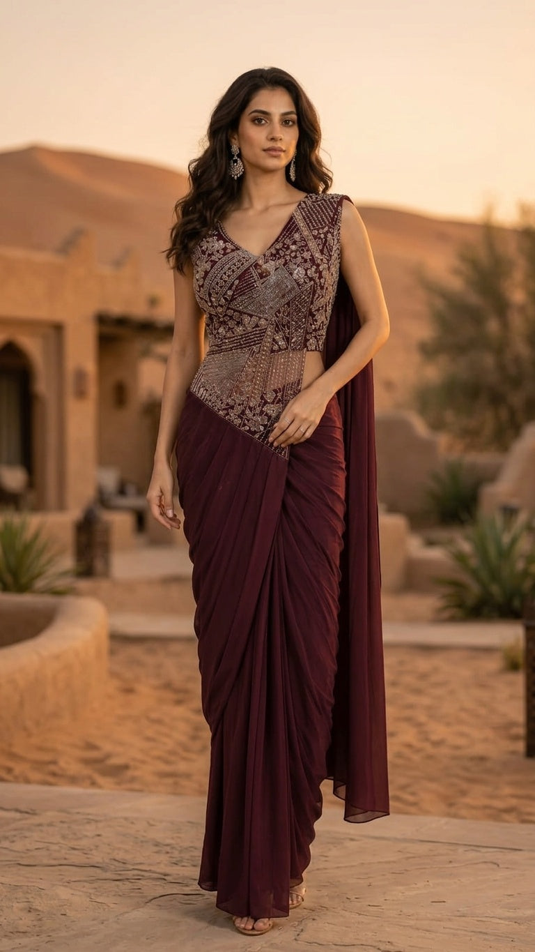 OWLSKY, SASSY & STYLO Women's Ready to Wear Imported Lycra Saree with Heavy Beads Work Blouse | Designer Pre Stitched Saree with Embellished Blouse