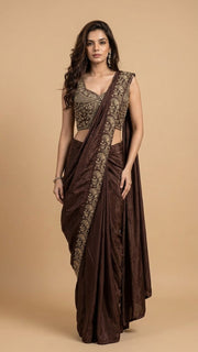OWLSKY, SASSY & STYLO Women's Ready to Wear Premium Chinnon Saree with Heavy Beads & Embroidery Work Blouse | Pre-Stitched Designer Saree with Embroidered Blouse