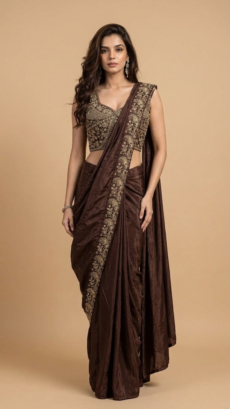 OWLSKY, SASSY & STYLO Women's Ready to Wear Premium Chinnon Saree with Heavy Beads & Embroidery Work Blouse | Pre-Stitched Designer Saree with Embroidered Blouse
