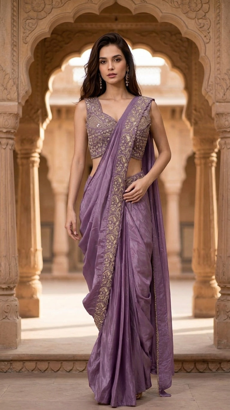 OWLSKY, SASSY & STYLO Women's Ready to Wear Premium Chinnon Saree with Heavy Beads & Embroidery Work Blouse | Pre-Stitched Designer Saree with Embroidered Blouse
