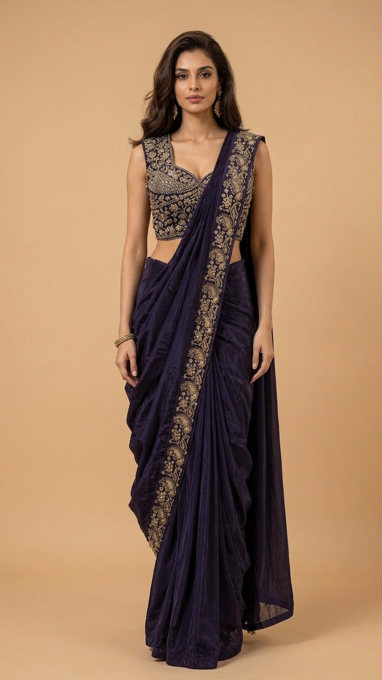 OWLSKY, SASSY & STYLO Women's Ready to Wear Premium Chinnon Saree with Heavy Beads & Embroidery Work Blouse | Pre-Stitched Designer Saree with Embroidered Blouse