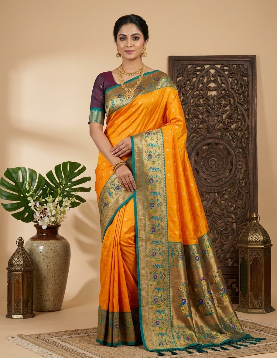 OWLSKY, SASSY & STYLO Women's Paithani Art Silk Saree with Zari Meenakari Weaving | Peacock Motif Pallu Tassels Attched | Traditional Festive Designer Saree with Brocade Blouse Piece
