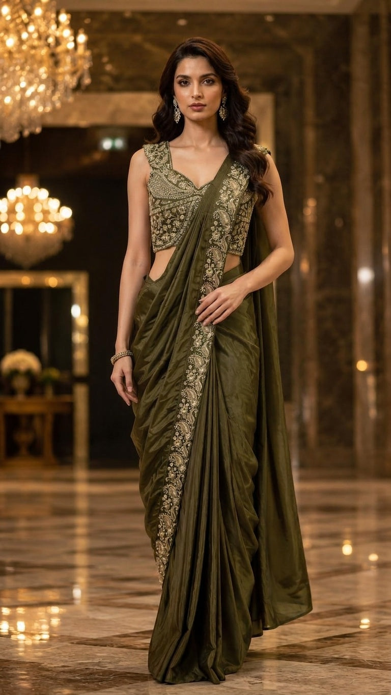 OWLSKY, SASSY & STYLO Women's Ready to Wear Premium Chinnon Saree with Heavy Beads & Embroidery Work Blouse | Pre-Stitched Designer Saree with Embroidered Blouse