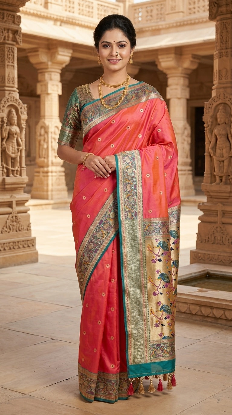 Premium Soft Paithani Silk Saree for Women with Meenakari Zari Weaving, Rich Peacock Pallu, Floral Border & Silk Brocade Blouse