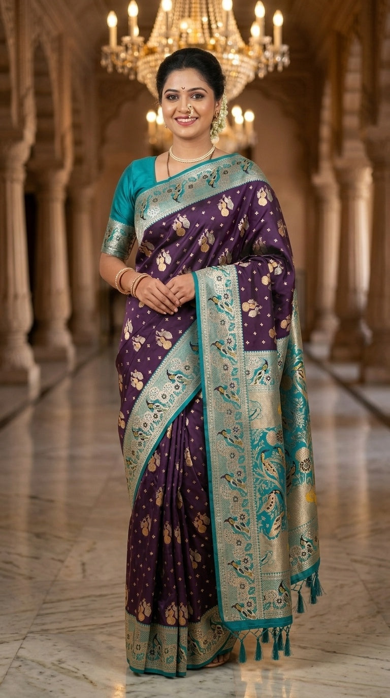 Premium Soft Paithani Silk Saree for Women with Meenakari Zari Weaving, Peacock Pallu, Rich Floral Border & Brocade Blouse