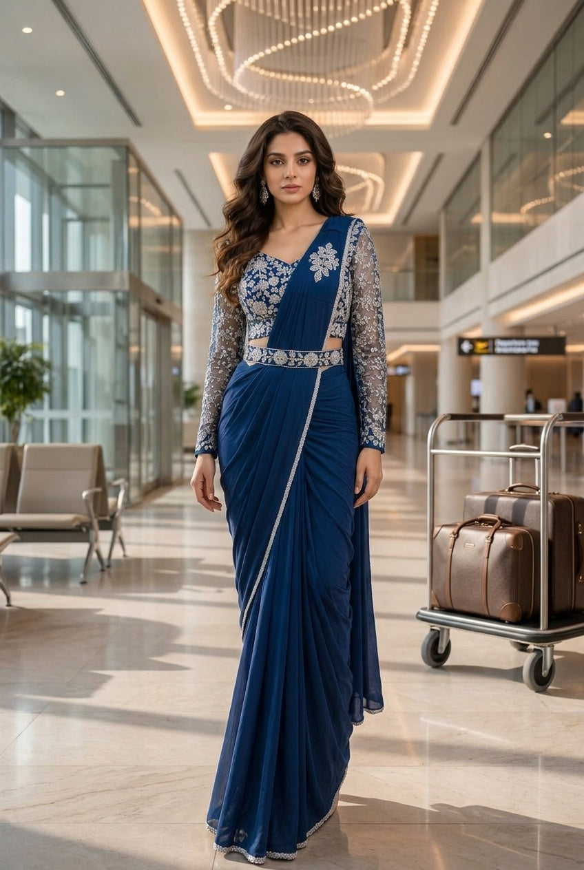 Navy Blue with Silver Embroidery