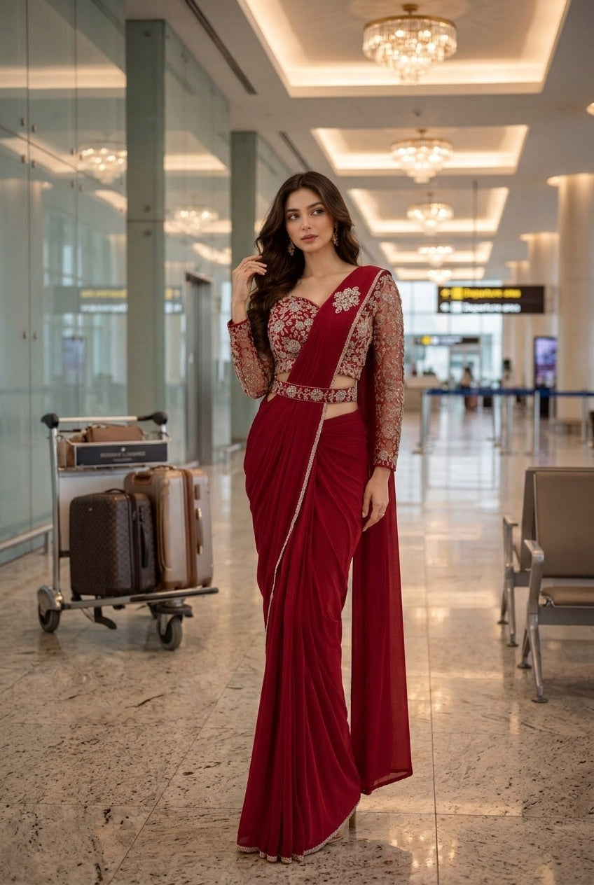Wine Red with Silver Embroidery