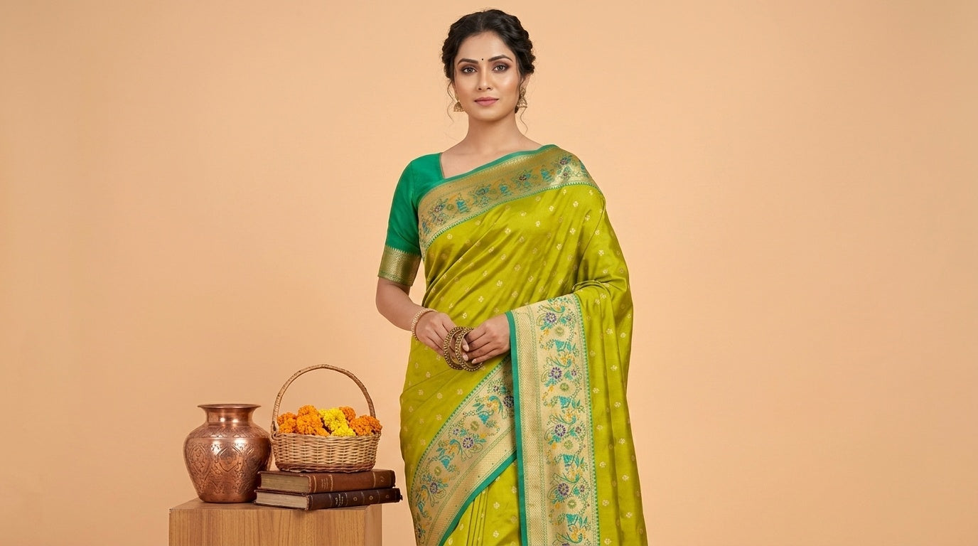 OWLSKY, SASSY & STYLO Women's Paithani Art Silk Saree with Zari Meenakari Weaving | Peacock Motif Pallu Tassels Attched | Traditional Festive Designer Saree with Brocade Blouse Piece