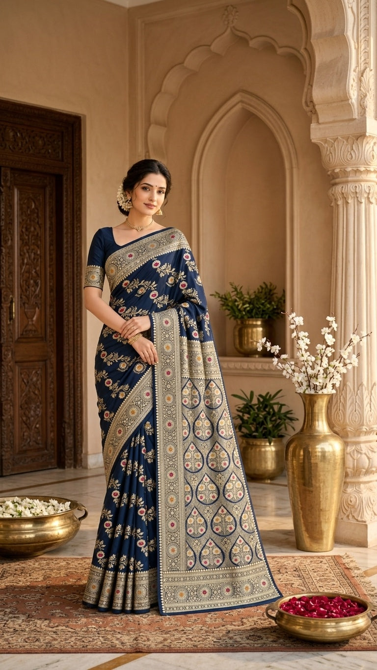 Navy Blue with Antique Gold Zari