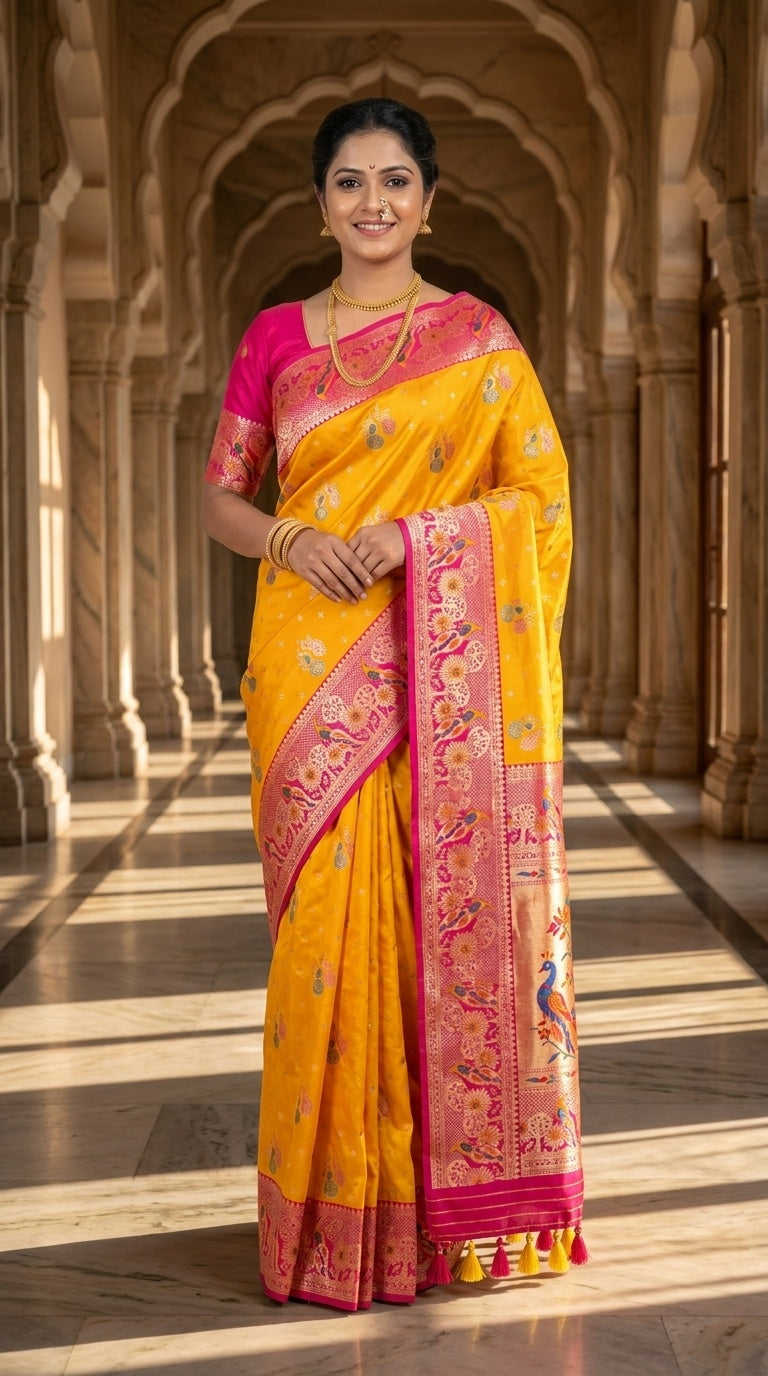 Premium Soft Paithani Silk Saree for Women with Meenakari Zari Weaving, Peacock Pallu, Rich Floral Border & Brocade Blouse