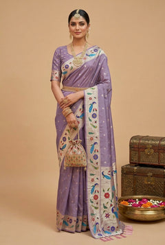 OWLSKY, SASSY & STYLO Women's Paithani Silk Saree with Zari Motif Design| Meenakari Rich Pallu with Tessels Attched | Peacock Floral Border | Traditional Festive Saree with Silk Blouse Piece