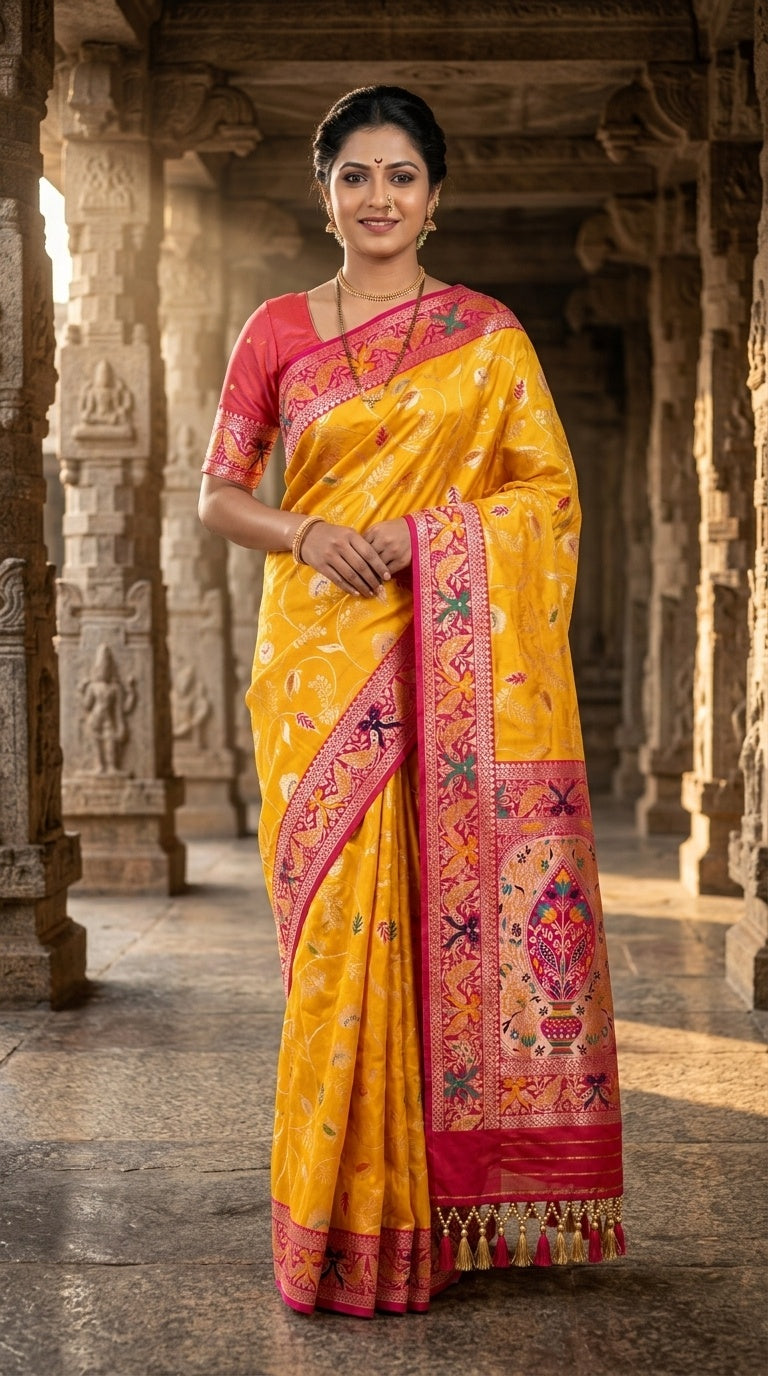 PREMIUM Soft Paithani Silk Saree for Women with Meenakari Zari Weaving, Rich Peacock Pallu, Floral Border & Tassels with Brocade Blouse
