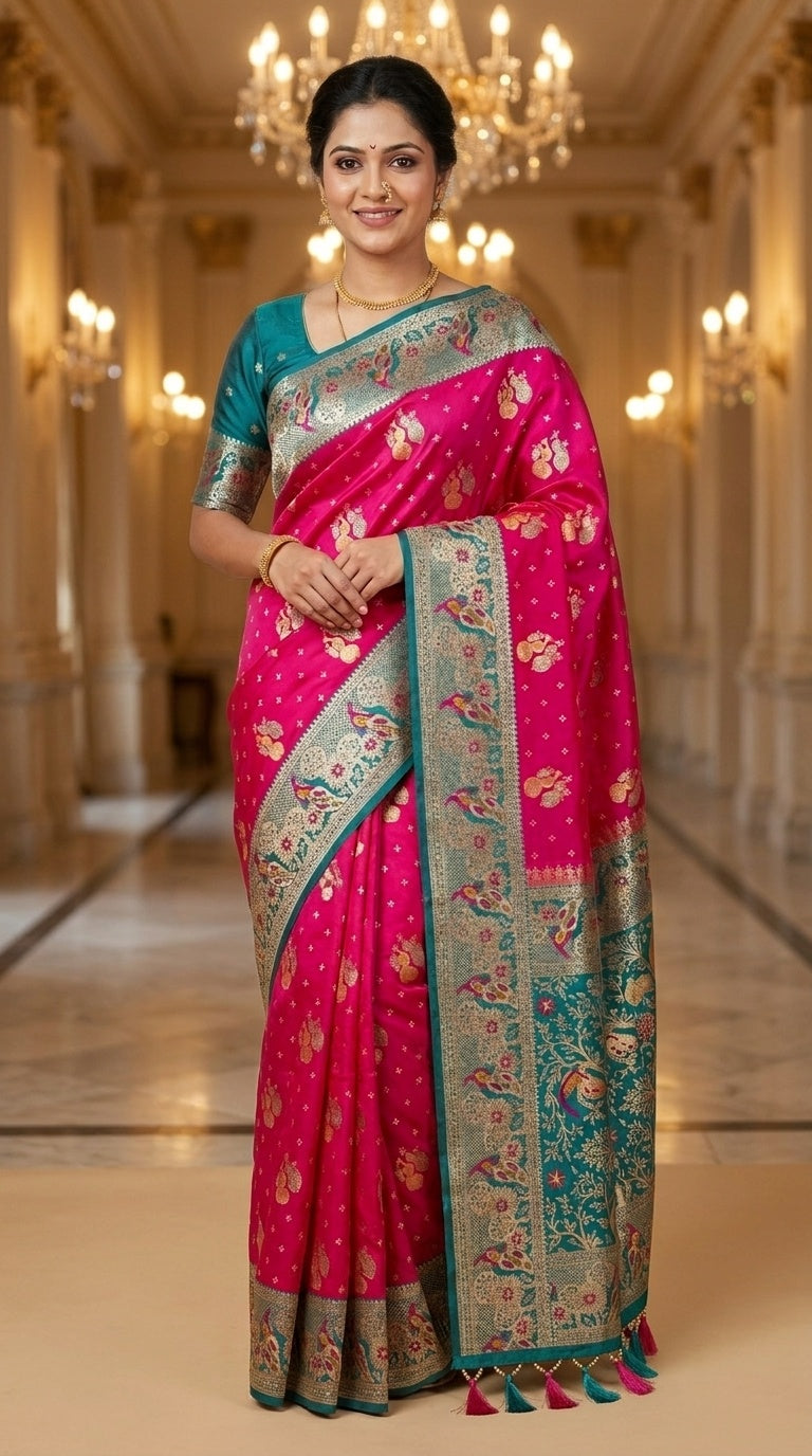 Premium Soft Paithani Silk Saree for Women with Meenakari Zari Weaving, Peacock Pallu, Rich Floral Border & Brocade Blouse