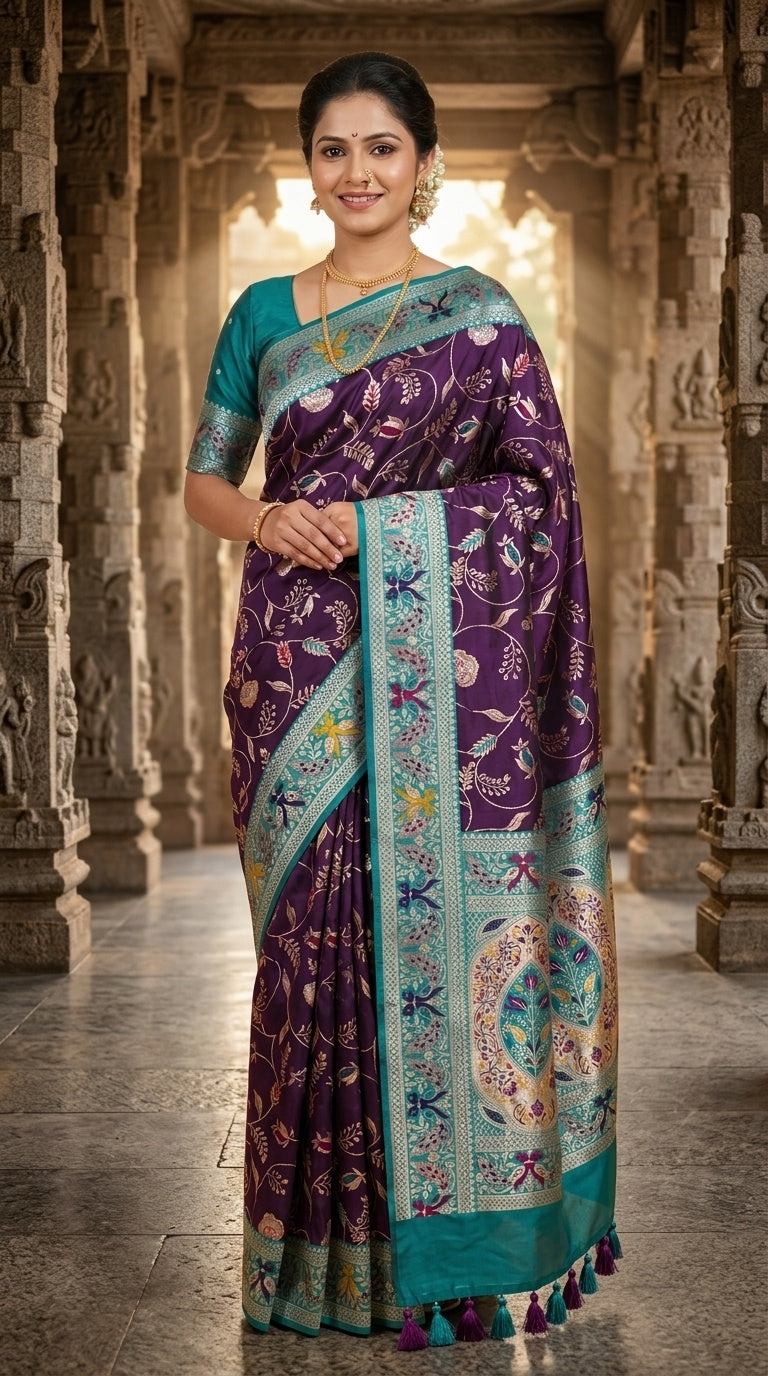 PREMIUM Soft Paithani Silk Saree for Women with Meenakari Zari Weaving, Rich Peacock Pallu, Floral Border & Tassels with Brocade Blouse