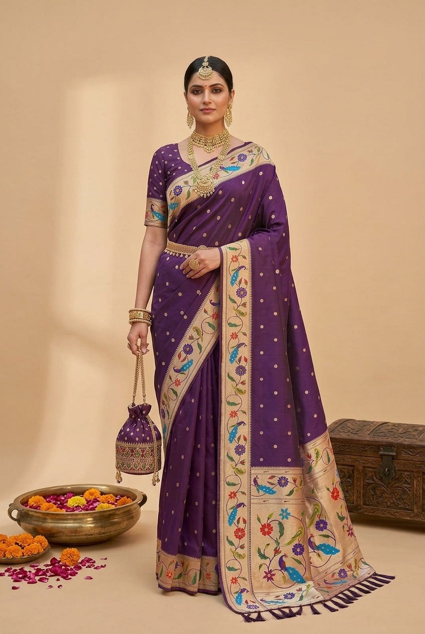 OWLSKY, SASSY & STYLO Women's Paithani Silk Saree with Zari Motif Design| Meenakari Rich Pallu with Tessels Attched | Peacock Floral Border | Traditional Festive Saree with Silk Blouse Piece