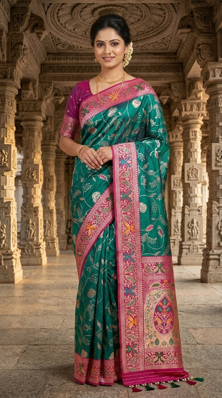 PREMIUM Soft Paithani Silk Saree for Women with Meenakari Zari Weaving, Rich Peacock Pallu, Floral Border & Tassels with Brocade Blouse