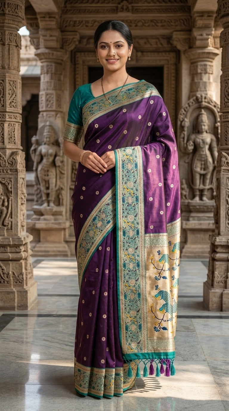 Premium Soft Paithani Silk Saree for Women with Meenakari Zari Weaving, Rich Peacock Pallu, Floral Border & Silk Brocade Blouse