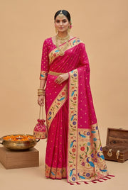 OWLSKY, SASSY & STYLO Women's Paithani Silk Saree with Zari Motif Design| Meenakari Rich Pallu with Tessels Attched | Peacock Floral Border | Traditional Festive Saree with Silk Blouse Piece