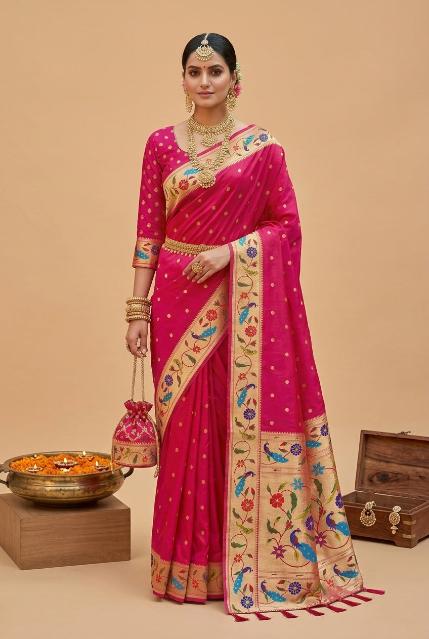 OWLSKY, SASSY & STYLO Women's Paithani Silk Saree with Zari Motif Design| Meenakari Rich Pallu with Tessels Attched | Peacock Floral Border | Traditional Festive Saree with Silk Blouse Piece