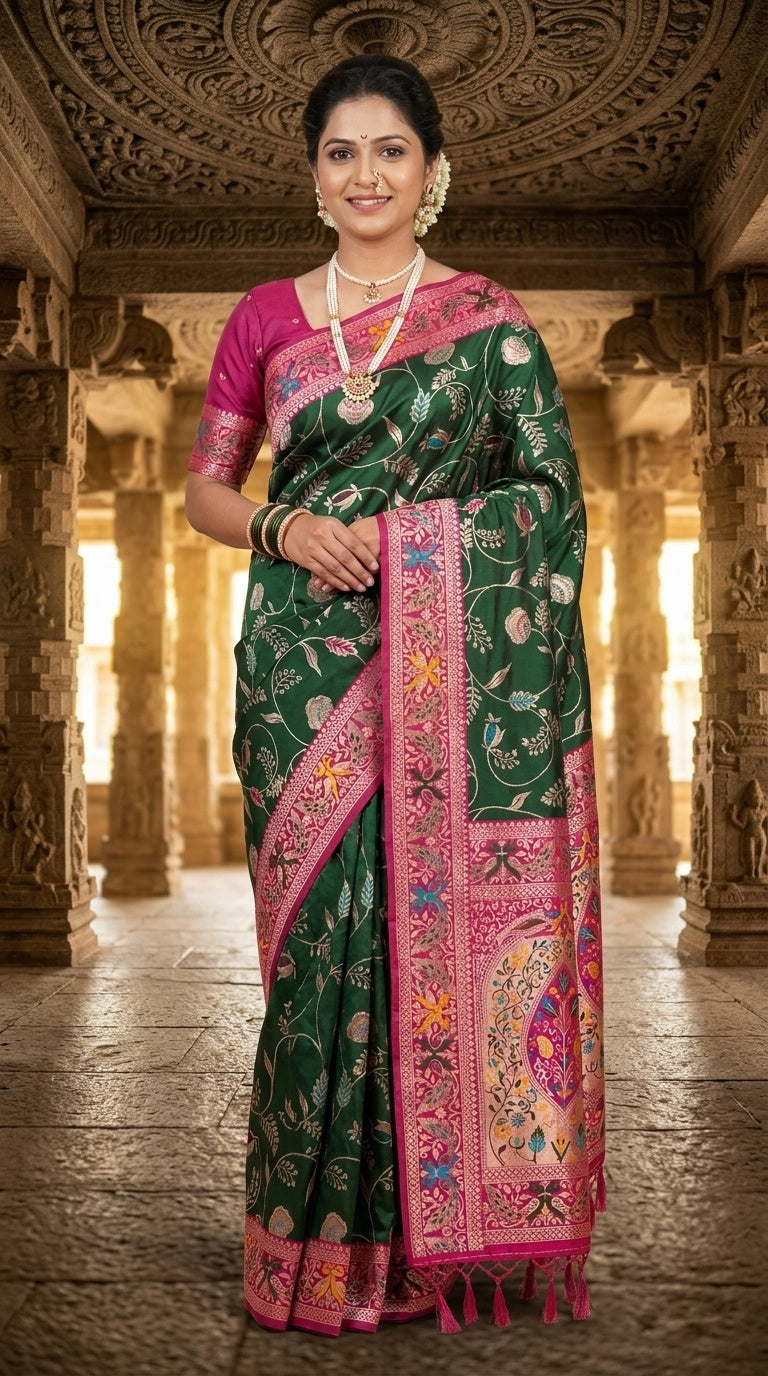 PREMIUM Soft Paithani Silk Saree for Women with Meenakari Zari Weaving, Rich Peacock Pallu, Floral Border & Tassels with Brocade Blouse