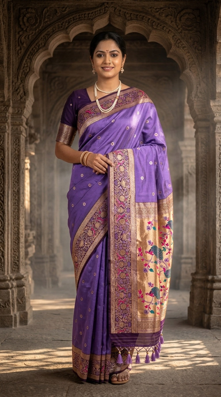 Premium Soft Paithani Silk Saree for Women with Meenakari Zari Weaving, Rich Peacock Pallu, Floral Border & Silk Brocade Blouse
