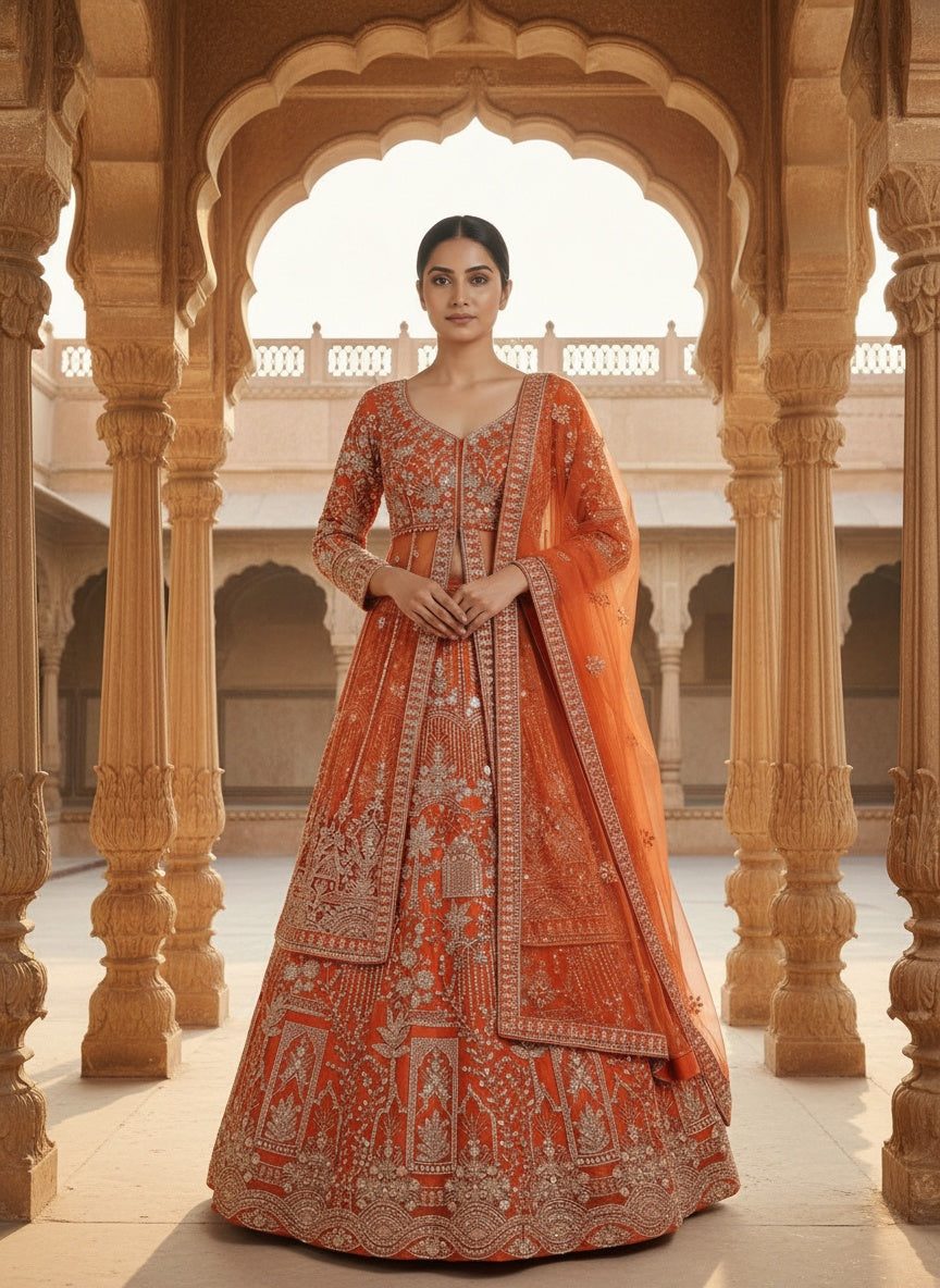 Women’s Orange Embroidered Bridal Lehenga Choli with Dupatta | Designer Wedding & Reception Wear Ethnic Lehenga Set