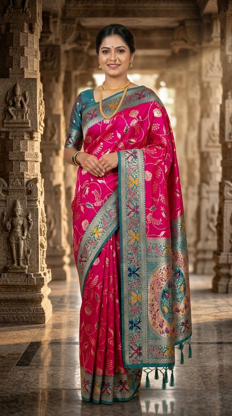 PREMIUM Soft Paithani Silk Saree for Women with Meenakari Zari Weaving, Rich Peacock Pallu, Floral Border & Tassels with Brocade Blouse