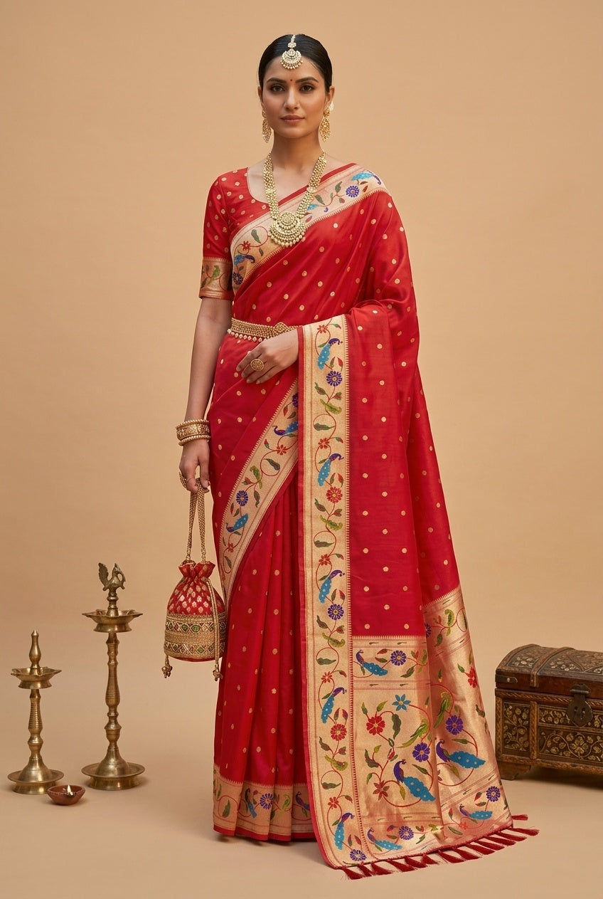 OWLSKY, SASSY & STYLO Women's Paithani Silk Saree with Zari Motif Design| Meenakari Rich Pallu with Tessels Attched | Peacock Floral Border | Traditional Festive Saree with Silk Blouse Piece