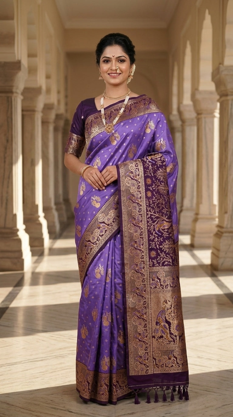 Premium Soft Paithani Silk Saree for Women with Meenakari Zari Weaving, Peacock Pallu, Rich Floral Border & Brocade Blouse