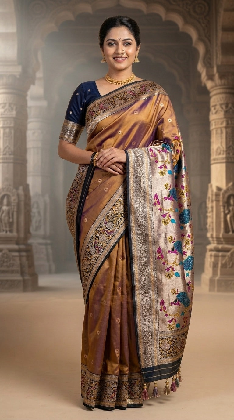 Premium Soft Paithani Silk Saree for Women with Meenakari Zari Weaving, Rich Peacock Pallu, Floral Border & Silk Brocade Blouse