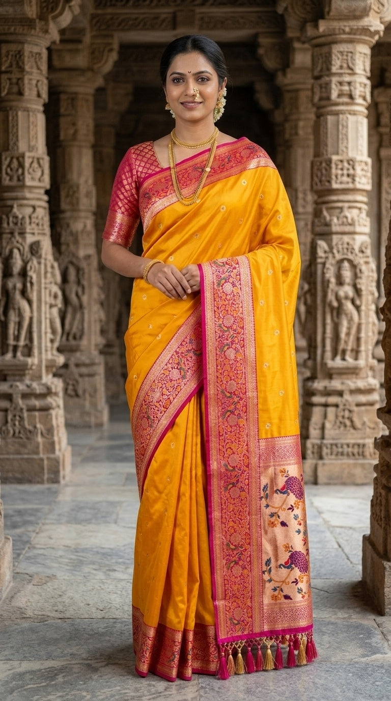 Premium Soft Paithani Silk Saree for Women with Meenakari Zari Weaving, Rich Peacock Pallu, Floral Border & Silk Brocade Blouse