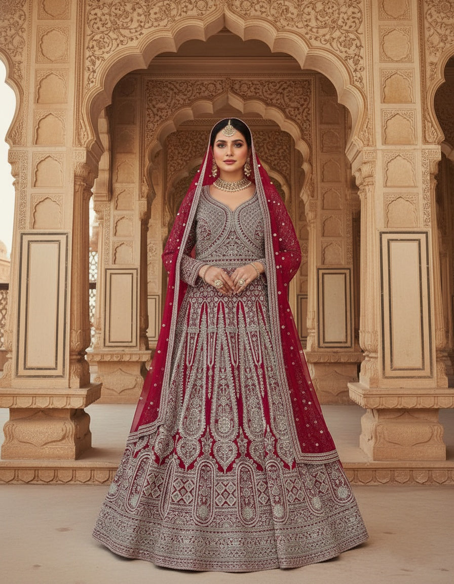 Women’s Georgette Embroidered Siroski Long Gown with Dupatta | Designer Wedding & Bridal Party Wear Ethnic Gown