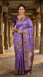 PREMIUM Soft Paithani Silk Saree for Women with Meenakari Zari Weaving, Rich Peacock Pallu, Floral Border & Tassels with Brocade Blouse