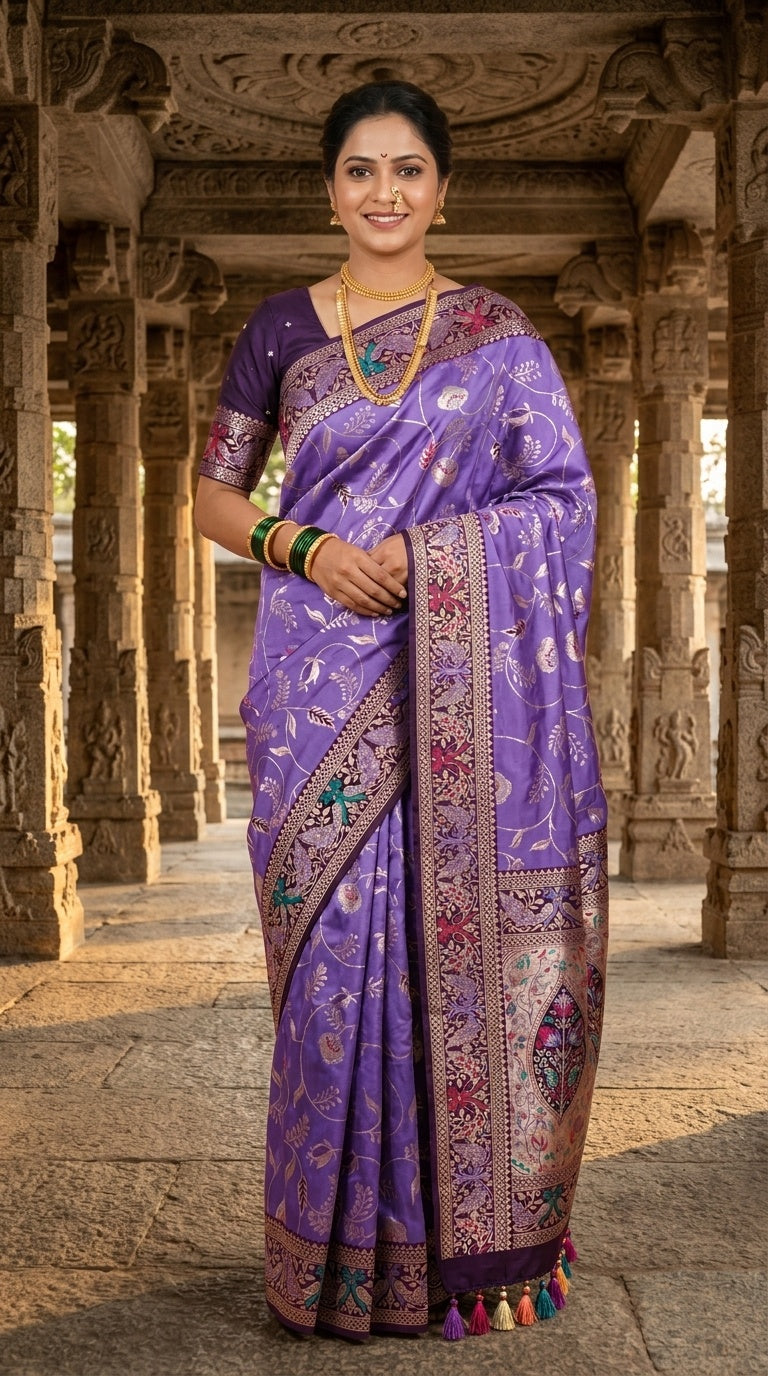 PREMIUM Soft Paithani Silk Saree for Women with Meenakari Zari Weaving, Rich Peacock Pallu, Floral Border & Tassels with Brocade Blouse