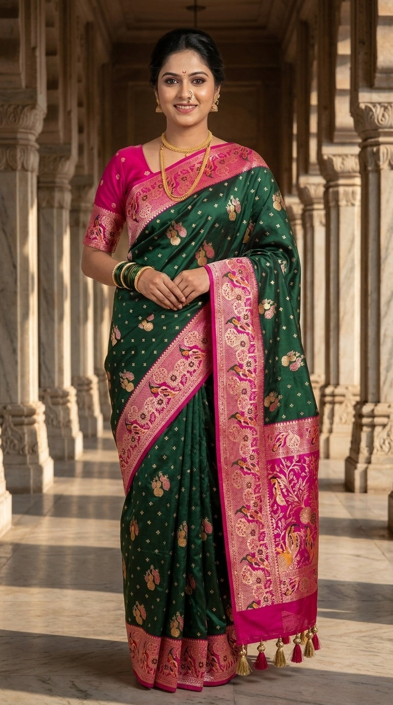 Premium Soft Paithani Silk Saree for Women with Meenakari Zari Weaving, Peacock Pallu, Rich Floral Border & Brocade Blouse