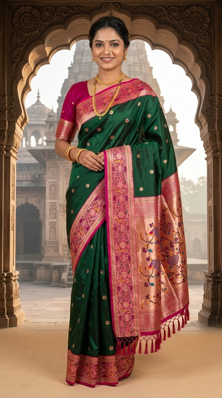 Premium Soft Paithani Silk Saree for Women with Meenakari Zari Weaving, Rich Peacock Pallu, Floral Border & Silk Brocade Blouse