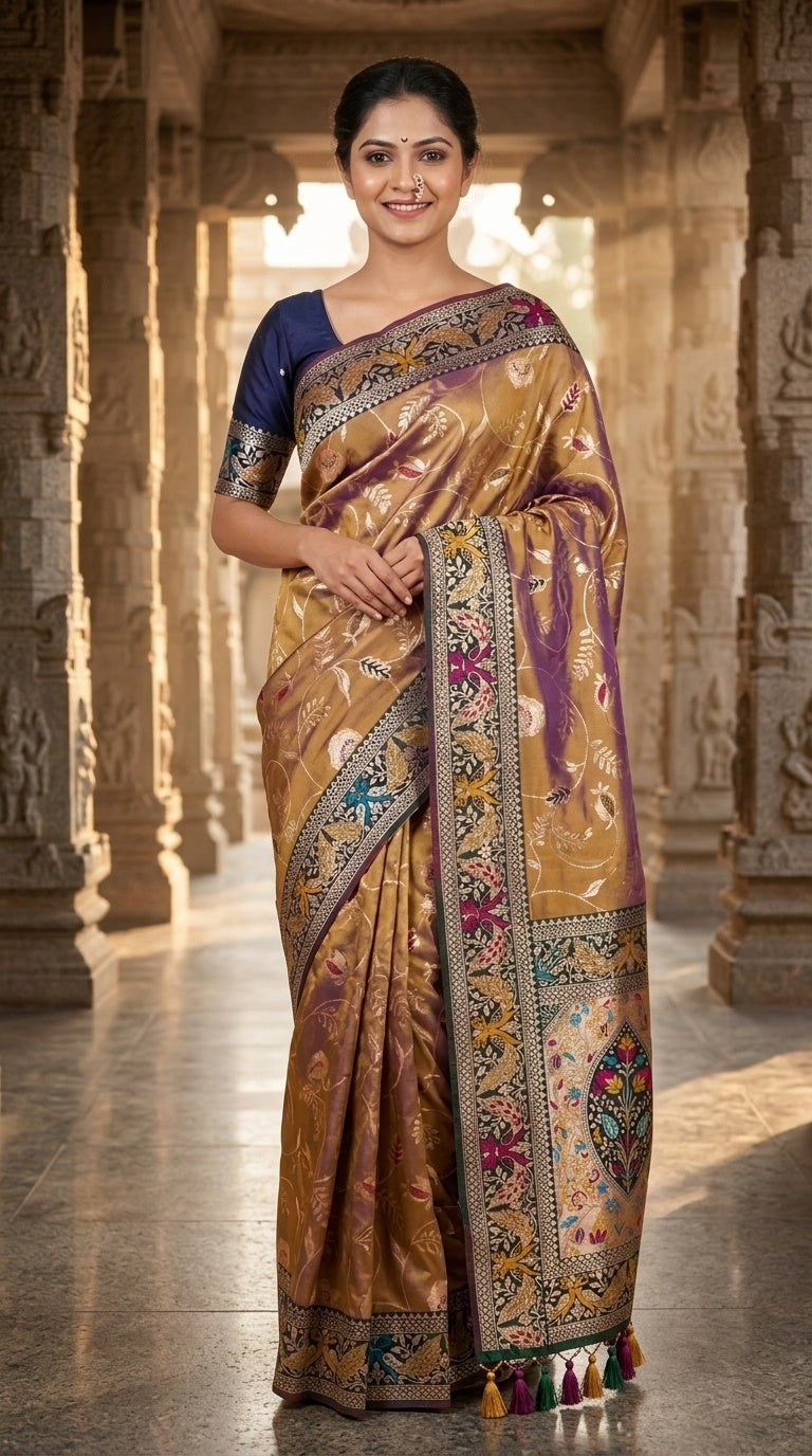PREMIUM Soft Paithani Silk Saree for Women with Meenakari Zari Weaving, Rich Peacock Pallu, Floral Border & Tassels with Brocade Blouse