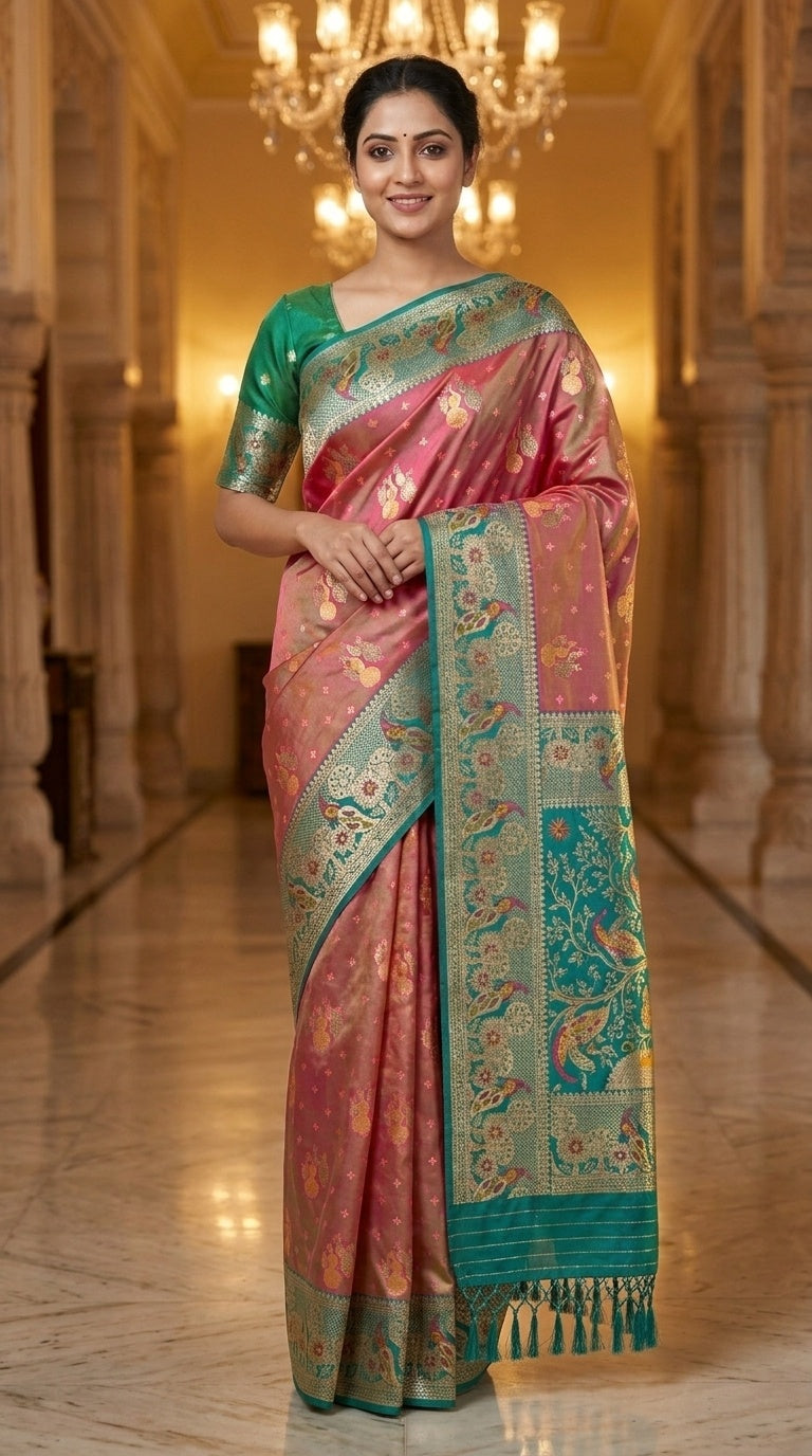 Premium Soft Paithani Silk Saree for Women with Meenakari Zari Weaving, Peacock Pallu, Rich Floral Border & Brocade Blouse