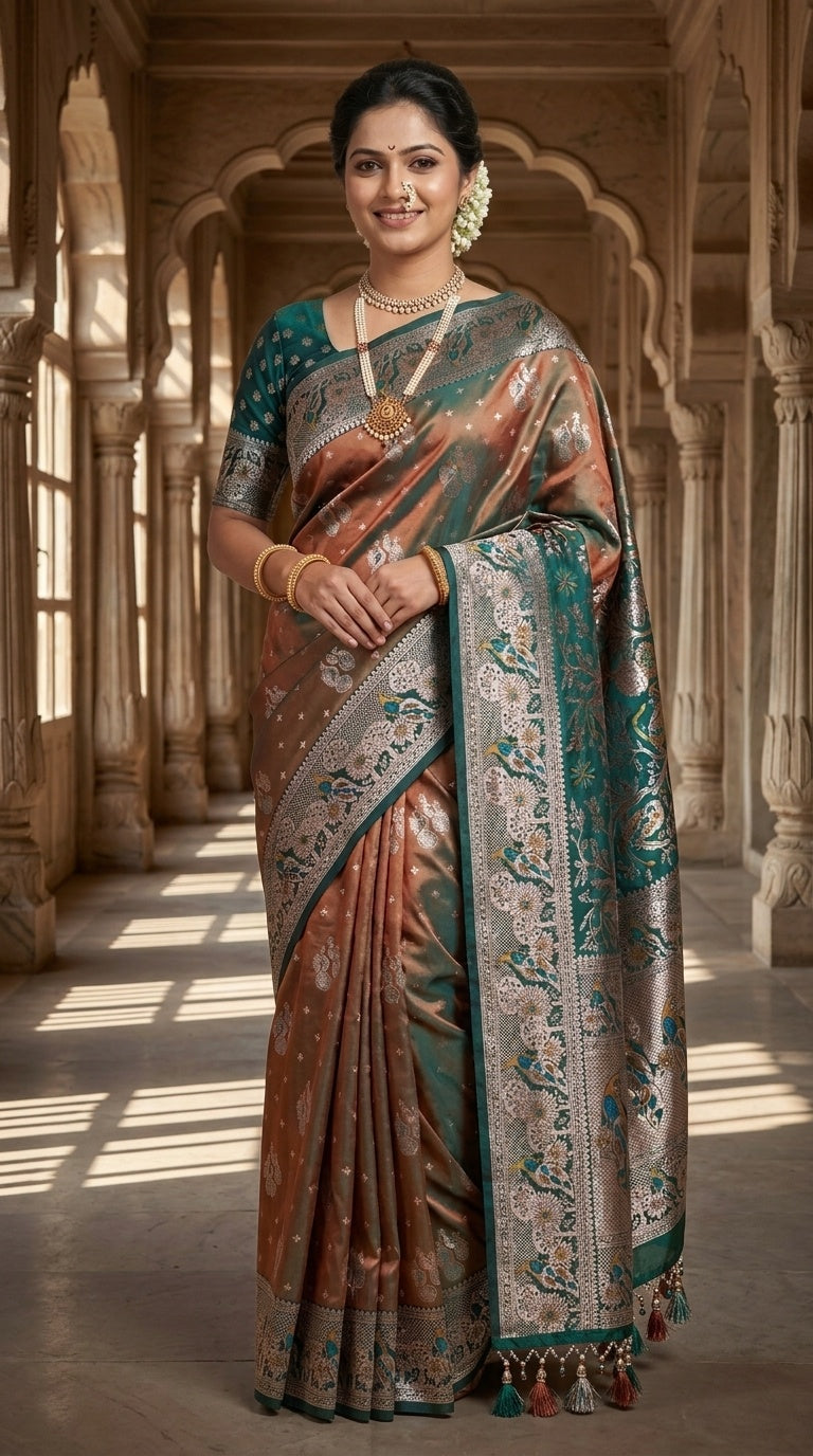 Premium Soft Paithani Silk Saree for Women with Meenakari Zari Weaving, Peacock Pallu, Rich Floral Border & Brocade Blouse