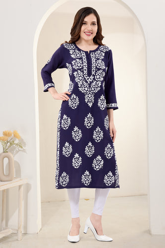 Owl Sky Lakhnavi Kurti – Premium Rayon Fabric, Elegant Ethnic Wear Maroon ( Blue )