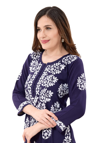 Owl Sky Lakhnavi Kurti – Premium Rayon Fabric, Elegant Ethnic Wear Maroon ( Blue )