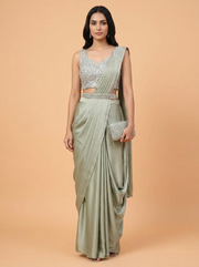OWLSKY, SASSY & STYLO Women’s Imported Georgette Ready to Wear Saree | One Minute Saree With stitched Blouse Piece | Ruffle Border | Ready to Wear Drape | Wedding & Festive Saree for Women