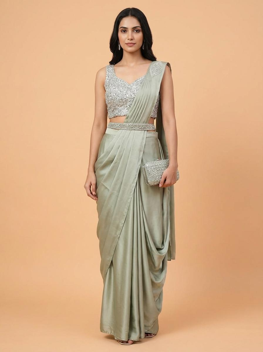 OWLSKY, SASSY & STYLO Women’s Imported Georgette Ready to Wear Saree | One Minute Saree With stitched Blouse Piece | Ruffle Border | Ready to Wear Drape | Wedding & Festive Saree for Women