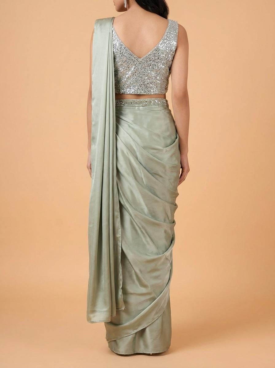 OWLSKY, SASSY & STYLO Women’s Imported Georgette Ready to Wear Saree | One Minute Saree With stitched Blouse Piece | Ruffle Border | Ready to Wear Drape | Wedding & Festive Saree for Women