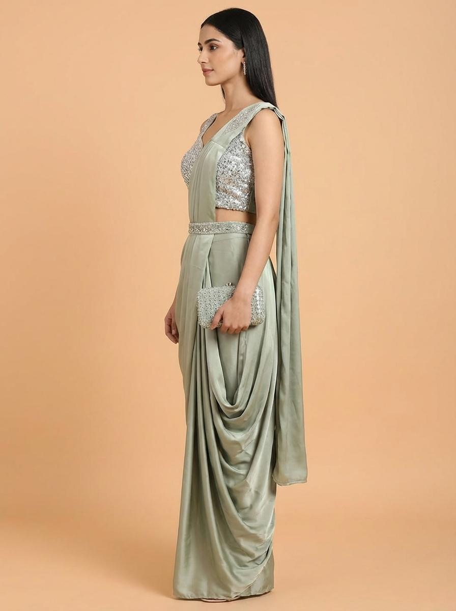 OWLSKY, SASSY & STYLO Women’s Imported Georgette Ready to Wear Saree | One Minute Saree With stitched Blouse Piece | Ruffle Border | Ready to Wear Drape | Wedding & Festive Saree for Women