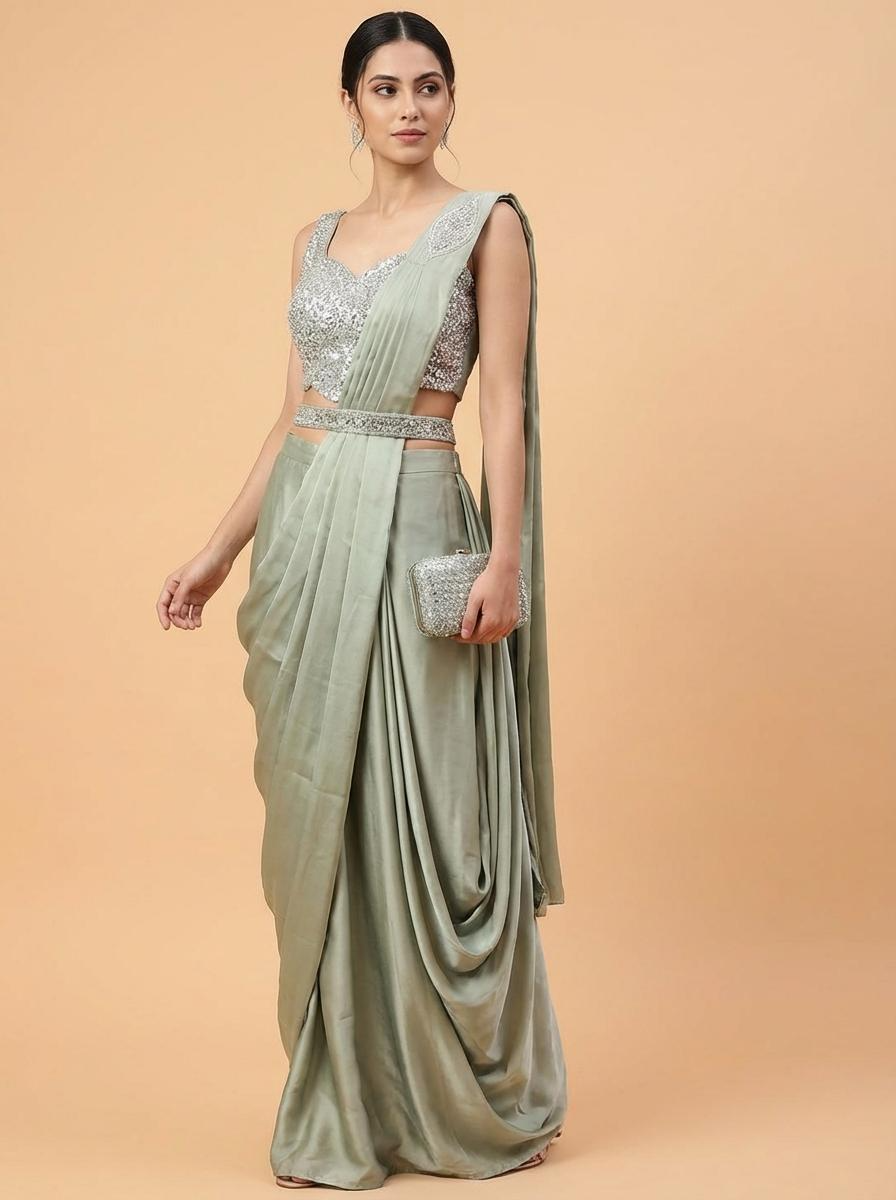 OWLSKY, SASSY & STYLO Women’s Imported Georgette Ready to Wear Saree | One Minute Saree With stitched Blouse Piece | Ruffle Border | Ready to Wear Drape | Wedding & Festive Saree for Women