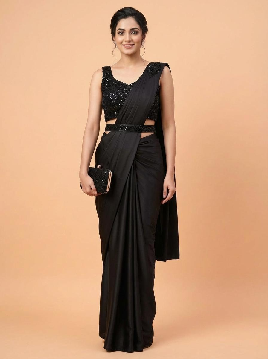 OWLSKY, SASSY & STYLO Women’s Imported Georgette Ready to Wear Saree | One Minute Saree With stitched Blouse Piece | Ruffle Border | Ready to Wear Drape | Wedding & Festive Saree for Women