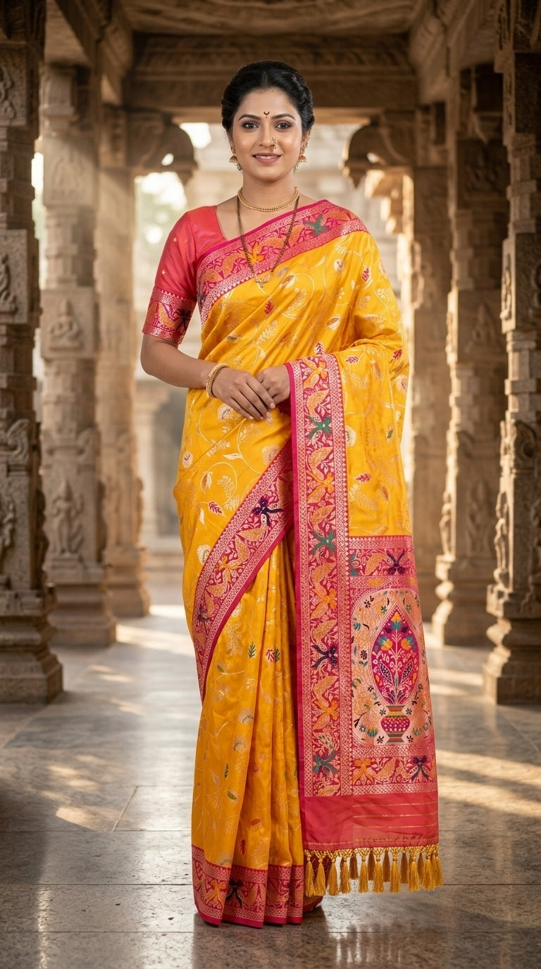 PREMIUM Soft Paithani Silk Saree for Women with Meenakari Zari Weaving, Rich Peacock Pallu, Floral Border & Tassels with Brocade Blouse